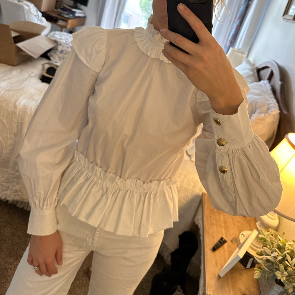 Ganni Ruffled Mock Neck Blouse with Gold Buttons in White